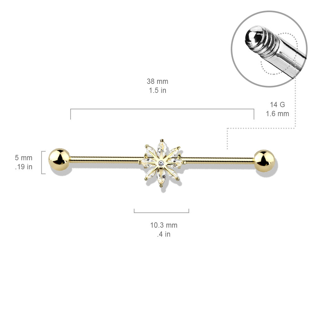 Industrial barbell 1.6mm (38mm) med blomma och cubic zirconia